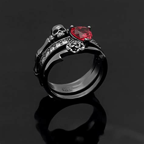 Gothic Skull Finger Engagement Rings Set For Women Red Heart Etsy