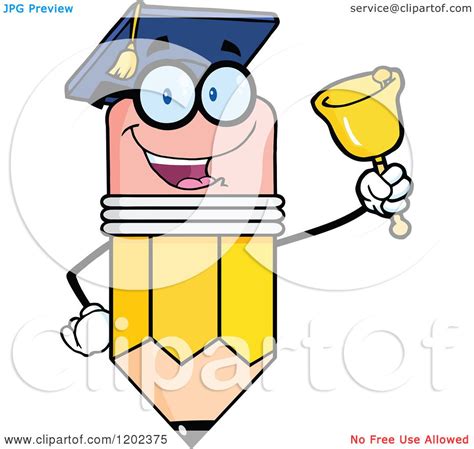 Cartoon Of A Graduate Pencil Teacher Mascot Ringing A Bell Royalty