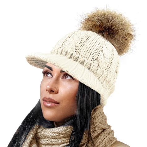 Ladies Womens Peaked Beanie Bobble Cap Winter Hat Detachable Faux Fur