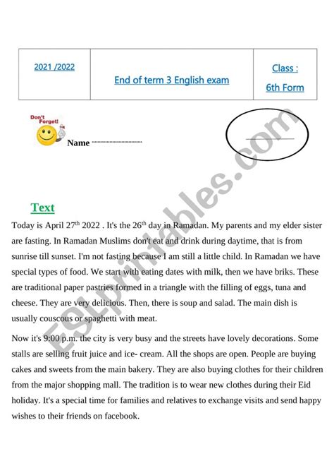 Test 6th Form End Of Term 3 Tunisian Esl Worksheet By Sonito