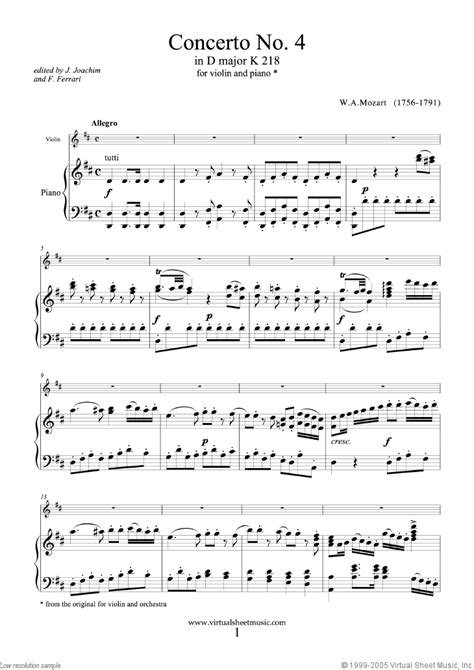 Mozart Violin Concerto No 4 In D Major K218 Sheet Music For Violin