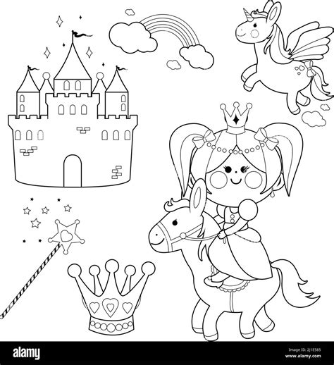 Cute Princess Fairy Tale Collection Vector Black And White Coloring