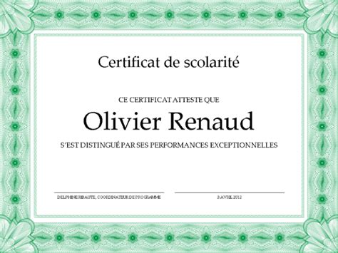 Certificat De Scolarité Formel Bordure Verte Office Templates