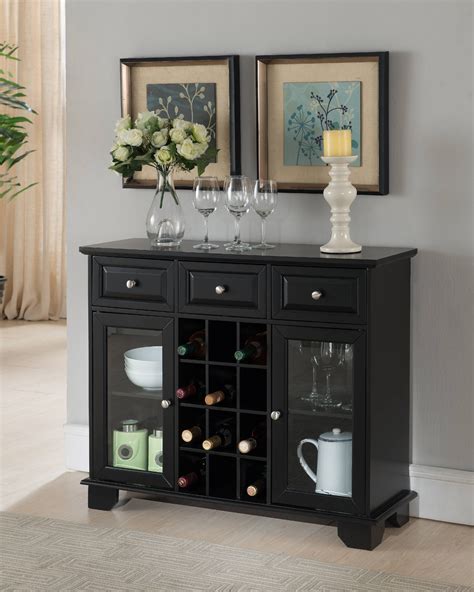 Alan Sideboard Buffet Server With Wine Rack Glass Cabinet Doors And Storage Drawers Black Wood
