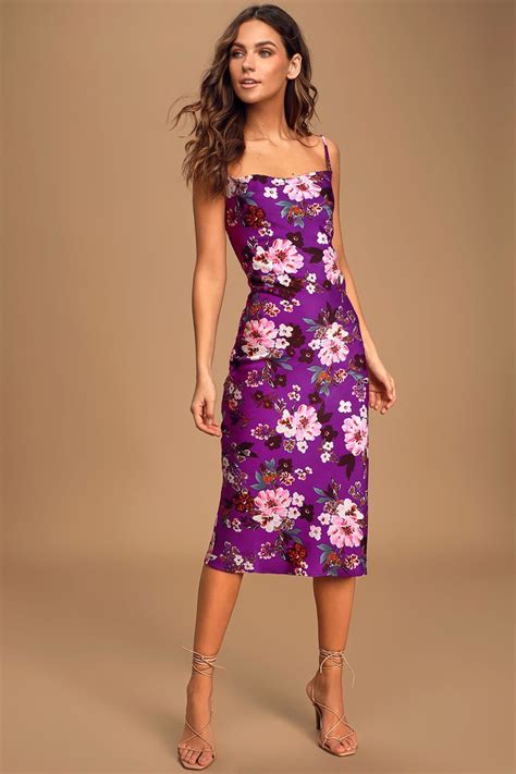 Blossoming Romance Purple Floral Print Satin Midi Dress Satin Midi