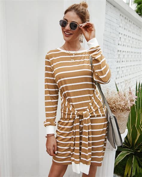 Khaki And White Stripe T Shirt Dress With Waist Tie On Sale For Us 819