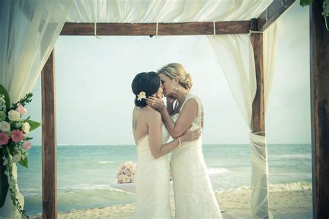 two brides sunset beach destination wedding mexico equally wed