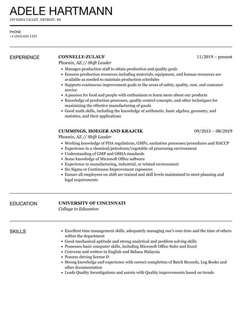 Shift Leader Resume Samples | Velvet Jobs