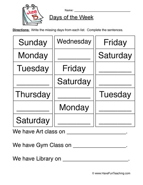 Days Of The Week Worksheet Fill In The Blank By Teach Simple
