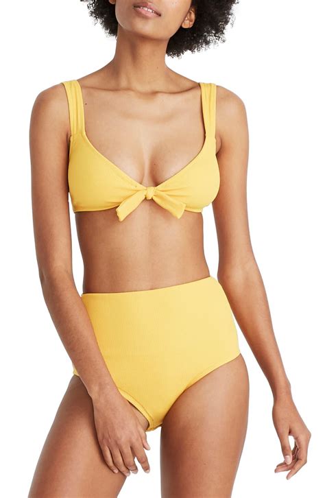 Madewell Second Wave High Waist Ribbed Bikini Bottoms In Yellow Lyst