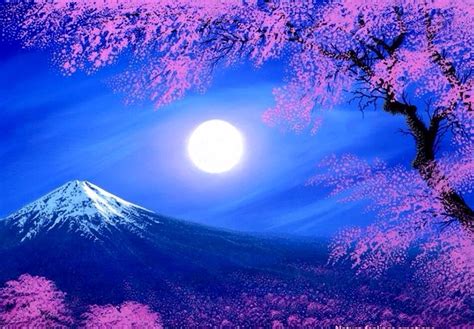 Cherry Blossoms And Moon Art Mountain Paintings Beautiful Moon Moon
