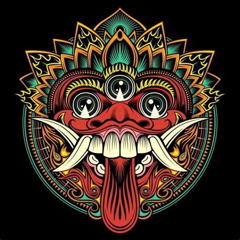 Traditional Ritual Balinese Mask Vector Outline Illustration Vector