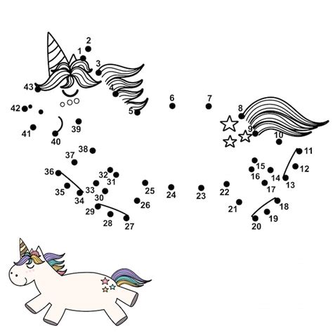 Une los puntos y dibuja un lindo unicornio juego de números para niños ilustración Vector