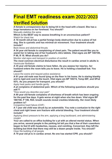 Final EMT readiness exam 2022/2023 Verified Solution - EMT - Stuvia US