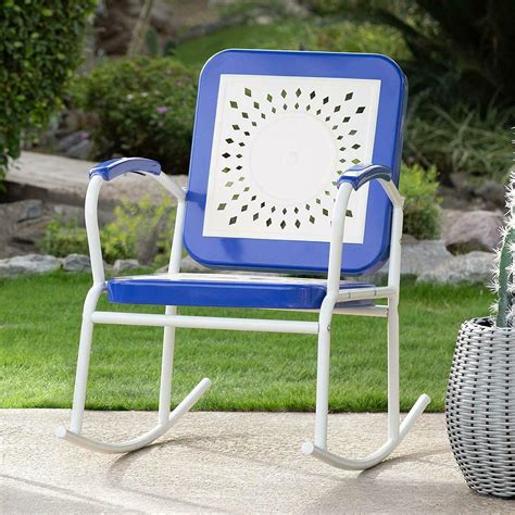 Retro Vintage Style Blue White Metal Patio Rocking Chair Outdoor