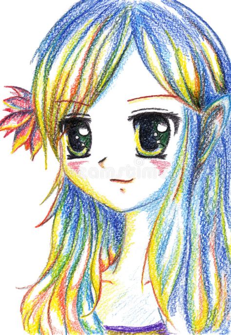Colorful Anime Manga Kawaii Cartoon Girl With Flower In Hair Stock Illustration Illustration