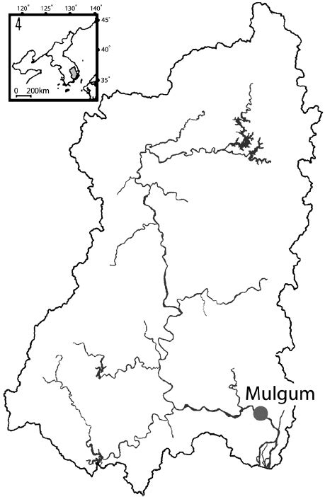 Buk do and passing daegu and busan. Map showing the Nakdong river, and study site (Mulgum, 27 ...