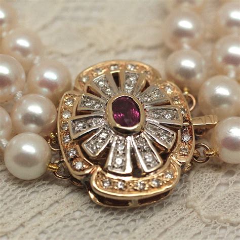 circa 1950 3 strand pearl necklace with rubies and diamonds pippin vintage jewelry
