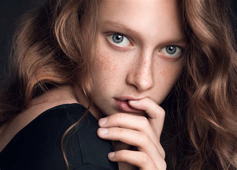 Women Model Brunette Freckles Face Finger In Mouth