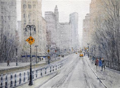 Snow In The City New York By Judy Mudd Watercolor Painting Ugallery