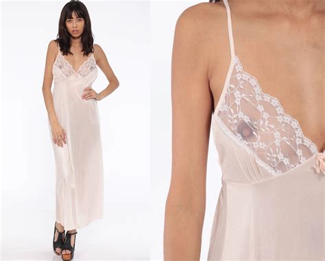 Off White Lace Nightgown Sheer Slip Dress S Maxi Sexy Lingerie Vintage Boho Sheer Nightgown