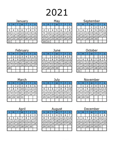 Yearly 2021 Calendar Printable Template Monthly Calendar Printable