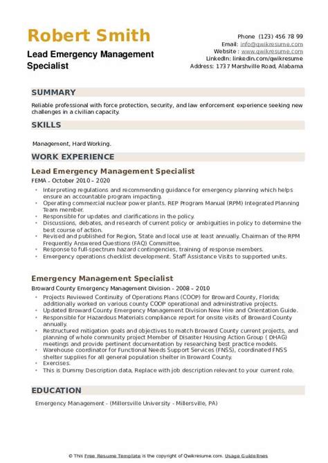 The emergency management response plan (emrp) chief of security/emergency management director (team leader) emergency management deputy director alert! Emergency Management Specialist Resume Samples | QwikResume