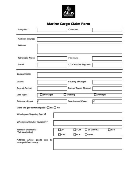 Marine Cargo Claim Form Atlas Insurance Malta