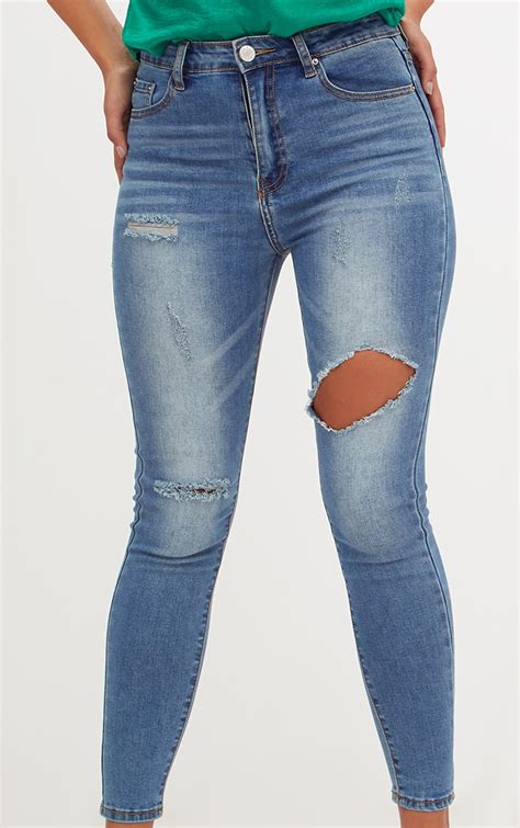 Mid Wash Open Thigh Skinny Jean Denim Prettylittlething