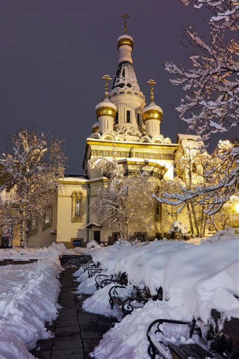 Amazing Night Photo Of Russian Church In Center Of Sofia City Stock