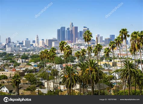 Los Angeles Kalifornien Usa Innenstadt Skyline Und Palmen In