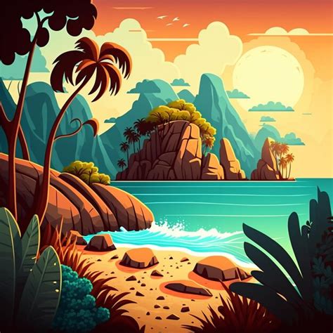 Premium Photo Cartoon Tropical Landscape With A Beach And Mountains
