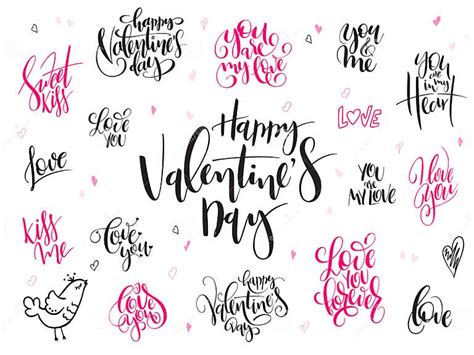 Vector Hand Lettering Valentine`s Day Greetings Labels Set With Heart