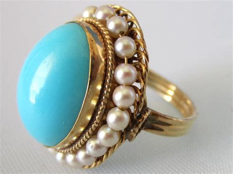Vintage 14k Gold Ring Wblue Stone And Pearls