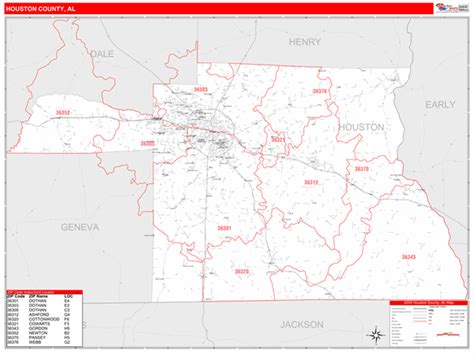 Houston County Al Zip Code Wall Map Red Line Style By