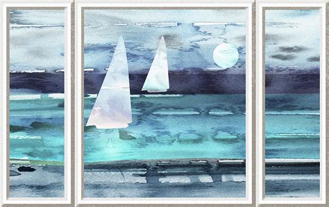 Beach House Window View To Ocean And Sailboats Watercolor Iv Painting