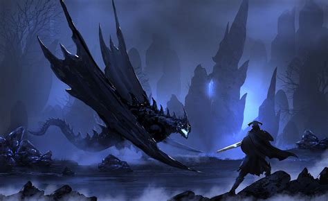 Wallpaper Digital Art Warrior Dragon Sword Fantasy Art Blue
