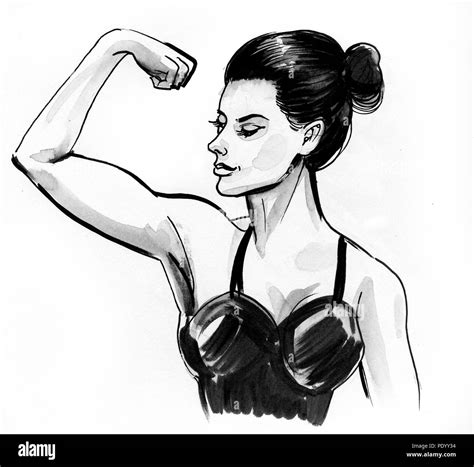Strong Woman Flexing Biceps Ink Black And White Illustration Stock