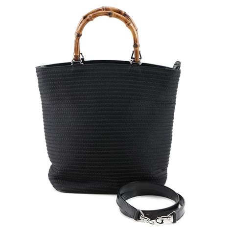 Gucci Bamboo Handle Tote In Black Stitched Canvas And Glazed Leather