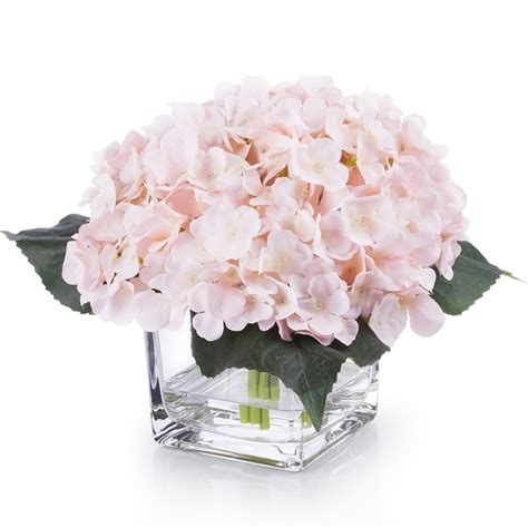 enova home silk hydrangea flower arrangement in cube glass vase with faux water for home