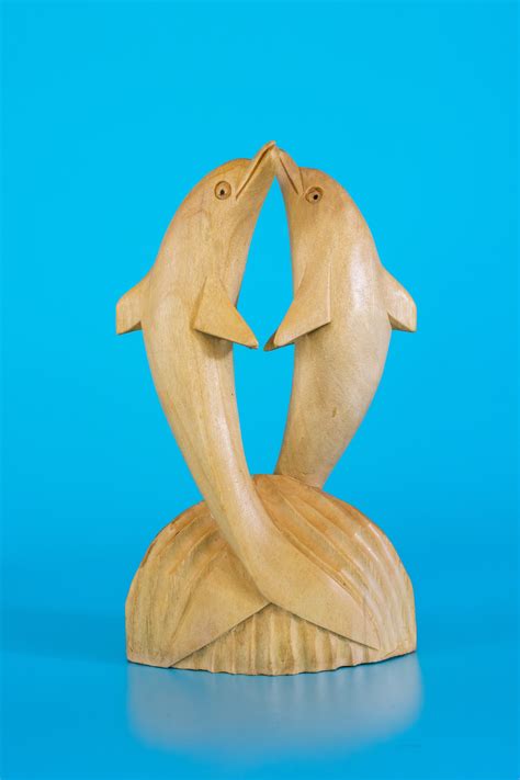 Wooden Hand Carved 2 Jumping Dolphin Statue Sculpture Wood Home Decor