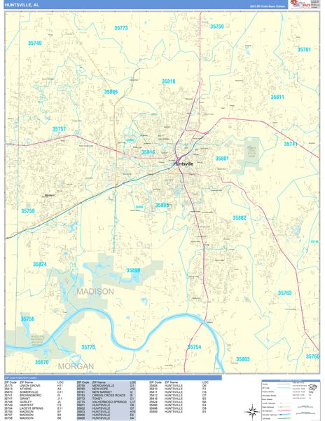 Huntsville Alabama Zip Code Wall Map Basic Style By Marketmaps Mapsales