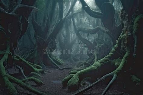 Path In Dark Misty Fairy Tale Forest Generative Ai Illustration Stock