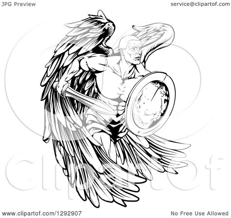 Clipart Of A Black And White Muscular Male Guardian Angel Running With
