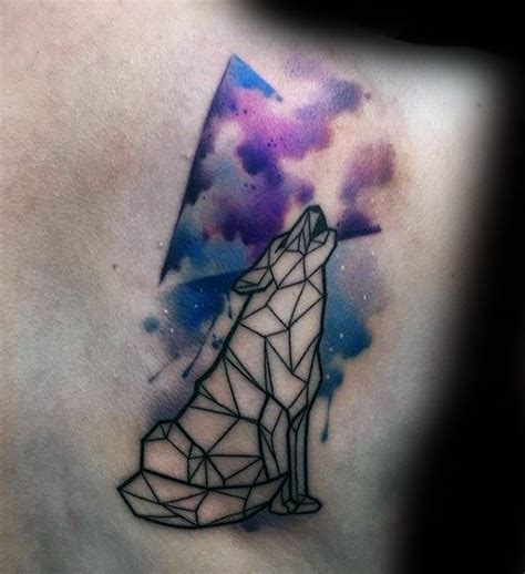 Geometric Wolf Howling At The Moon With Watercolor Sky Mens Tattoo On
