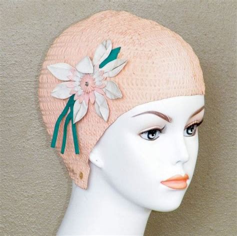 1950s 60s Swim Cap Pink Flower Applique Bathing Cap Vintage Etsy