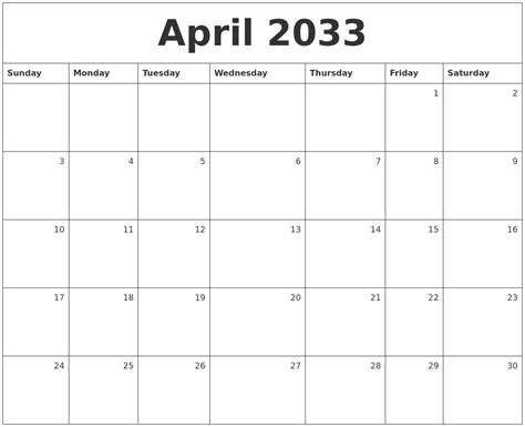 April 2033 Monthly Calendar