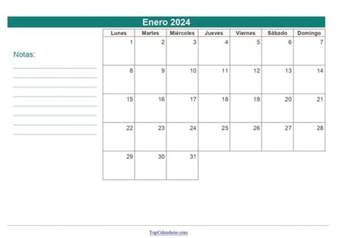 Calendario Enero 2024 Para Imprimir Mensual