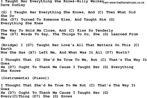 In fact, no on e knows their names. Country Music:I Taught Her Everything She Knows-Billy Walker Lyrics and Chords