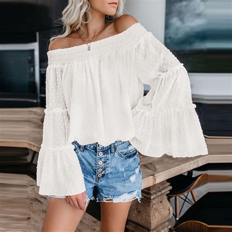 buy carry me womens off the shoulder tops long bell sleeve flared casual loose blouses shirts at